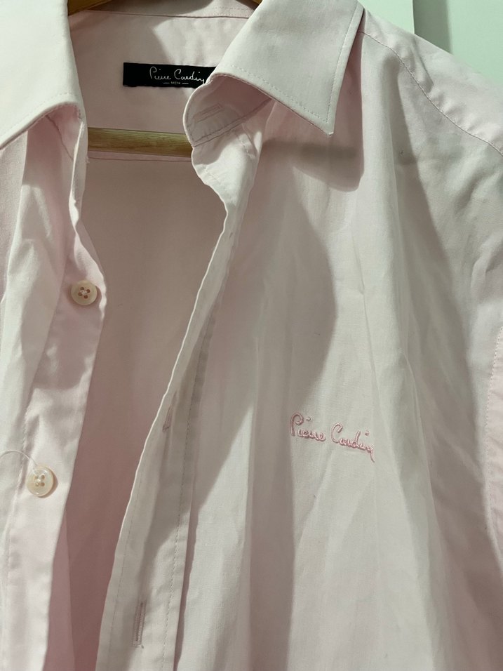 Pembe Keten Erkek Gömlek, Uzun Kollu, Düğmeli - Görsel 2