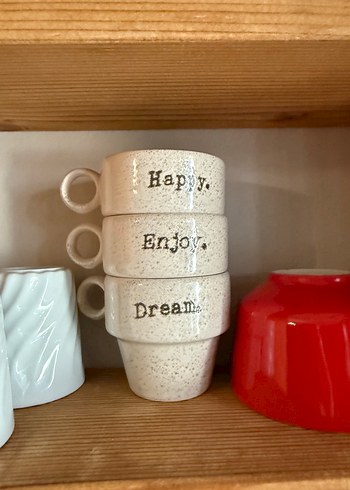 Beyaz Seramik expresso Kupa Seti - Dream, Happy, Enjoy
