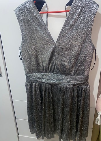 Gri V Yakalı Transparan Midi Abiye Elbise - Görsel 9