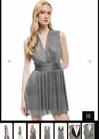 Gri V Yakalı Transparan Midi Abiye Elbise - Görsel 6