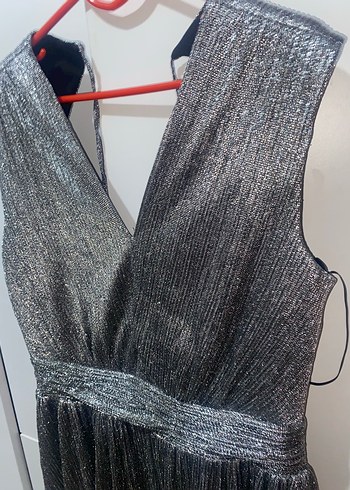 Gri V Yakalı Transparan Midi Abiye Elbise - Görsel 7