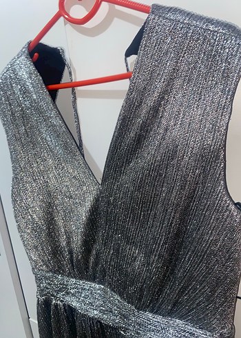 Gri V Yakalı Transparan Midi Abiye Elbise - Görsel 8