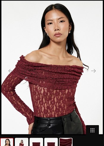 Bordo Dantel Detaylı Tekne Yaka Bluz - Görsel 3