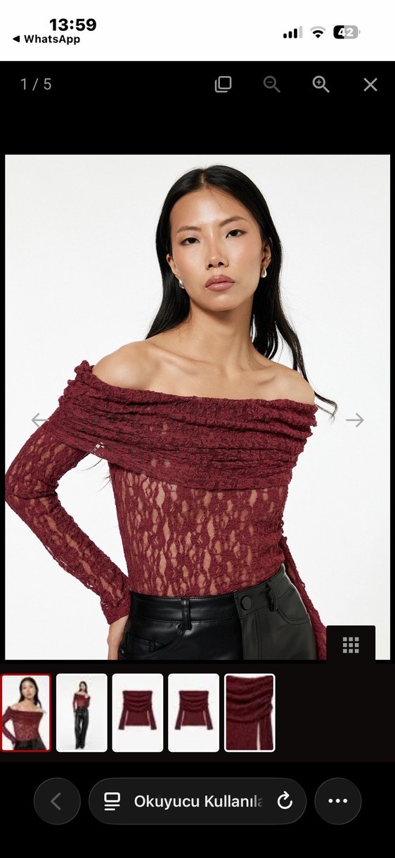 Bordo Dantel Detaylı Tekne Yaka Bluz - Görsel 3