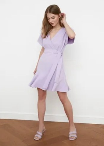 V Yaka Pastel Mor Mini Elbise