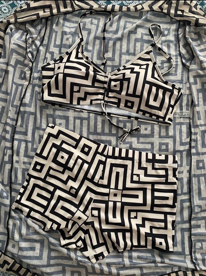 Siyah Zebra Desenli Mini Bohem bikini takım - Görsel 3