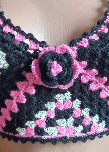 Pembe Bağlamalı Örgü Bohem Mini Büstiyer - Görsel 3