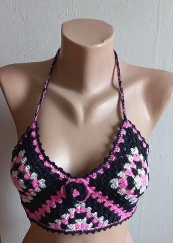 Pembe Bağlamalı Örgü Bohem Mini Büstiyer - Görsel 2