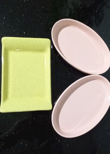 3 adet Yeşil ve pembe renk seramik sunumluk - Görsel 2