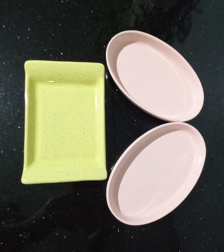 3 adet Yeşil ve pembe renk seramik sunumluk - Görsel 2