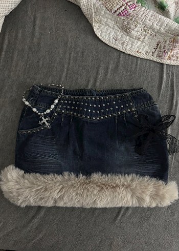 Kürklü bej Mini Denim Etek - Görsel 3