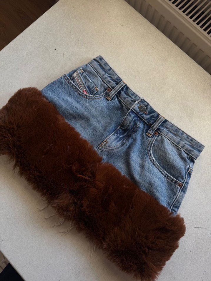 Kürklü bej Mini Denim Etek - Görsel 2