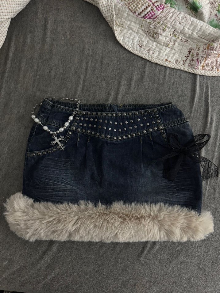 Kahverengi Kürklü Denim Mini Etek - Görsel 2