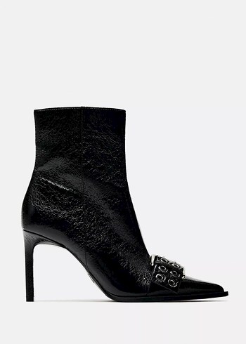 Siyah Parlak Deri Stiletto Bot tokalı kemerli - Görsel 2