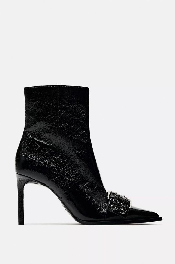 Siyah Parlak Deri Stiletto Bot tokalı kemerli - Görsel 2