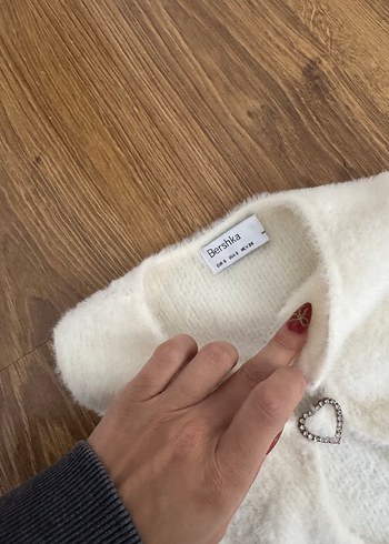 Beyaz Halter Yaka Mini Elbise tüylü yünlü kalp taşlı - Görsel 7