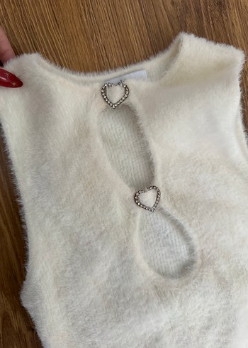 Beyaz Halter Yaka Mini Elbise tüylü yünlü kalp taşlı - Görsel 2