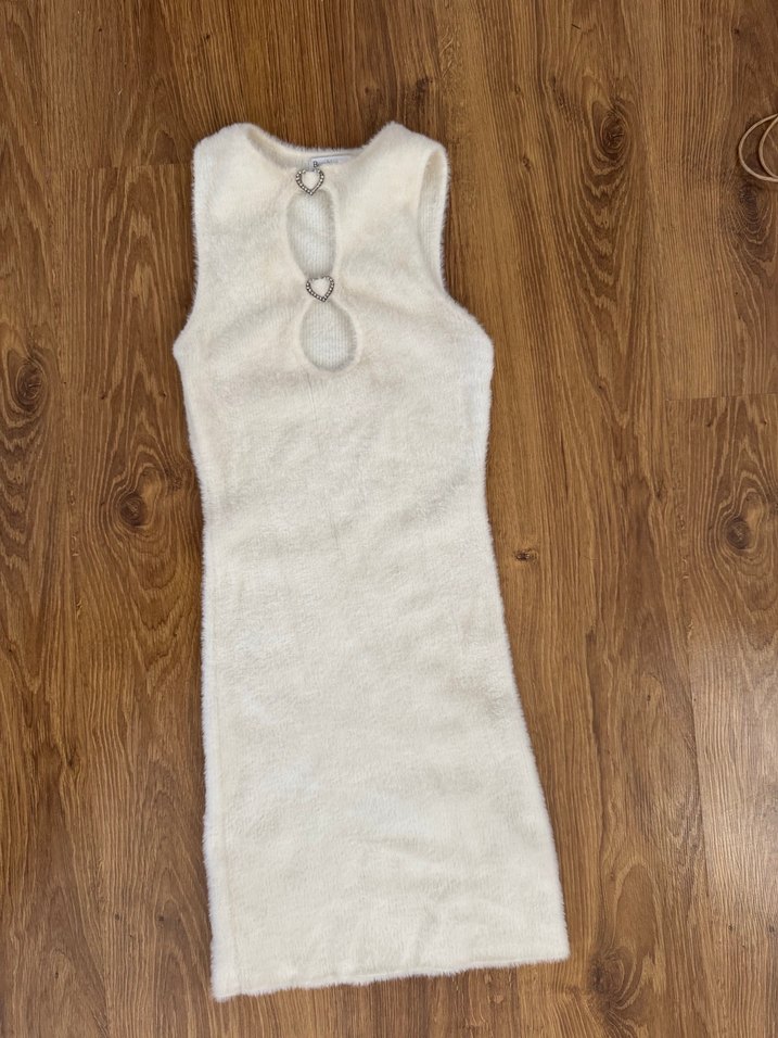 Beyaz Halter Yaka Mini Elbise tüylü yünlü kalp taşlı - Görsel 3