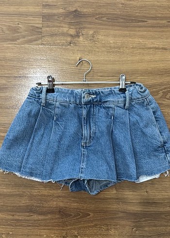 Mavi şort etek pileli Mini Denim Etek - Görsel 4