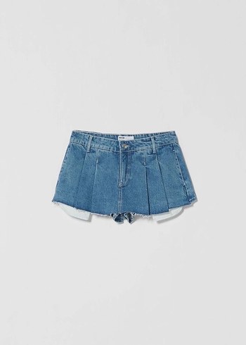 Mavi şort etek pileli Mini Denim Etek - Görsel 5