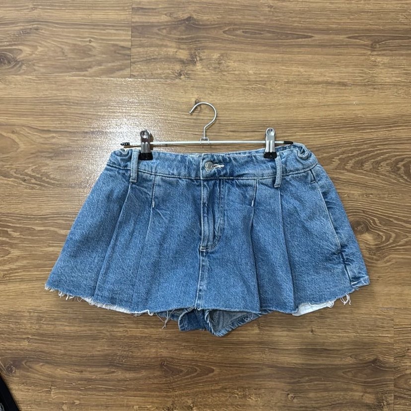 Mavi şort etek pileli Mini Denim Etek - Görsel 4