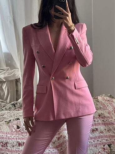 Zara Zara pembe blazer düğmeli takım vücuda oturan