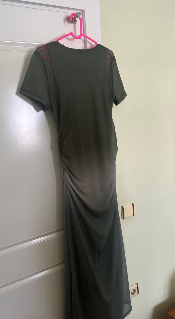 Drapeli Gri Hamile Elbisesi, Kısa Kollu, Uzun - Görsel 3