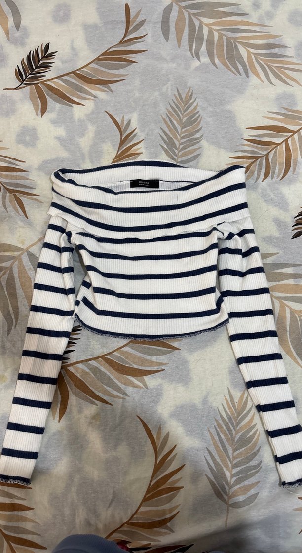 Uzun Kollu Çizgili Kadın Crop Top - Görsel 2