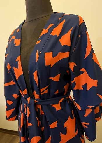 Kadın Uzun Bağcıklı Desenli Kimono - Görsel 3