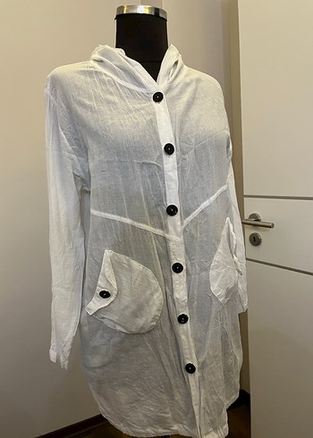 Düğmeli Beyaz Uzun Kadın hırka - Görsel 3