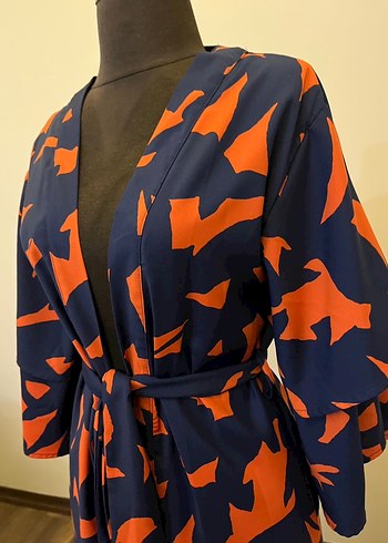Uzun Kesim Lacivert Turuncu Kadın Kimono - Görsel 3