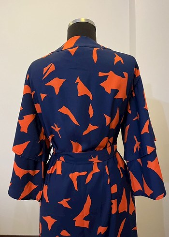 Uzun Kesim Lacivert Turuncu Kadın Kimono - Görsel 5