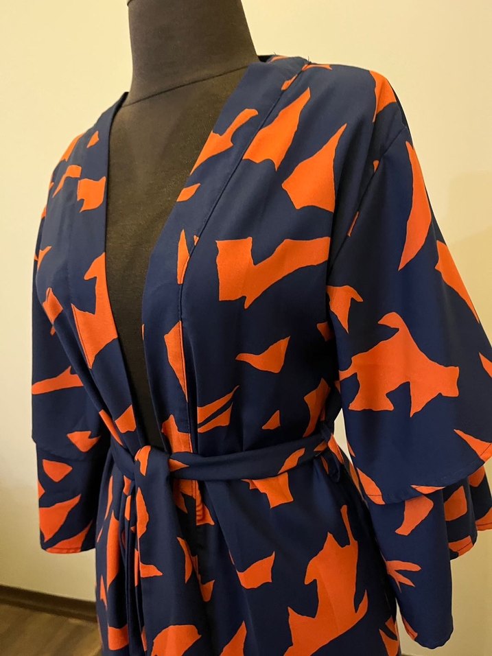 Uzun Kesim Lacivert Turuncu Kadın Kimono - Görsel 3