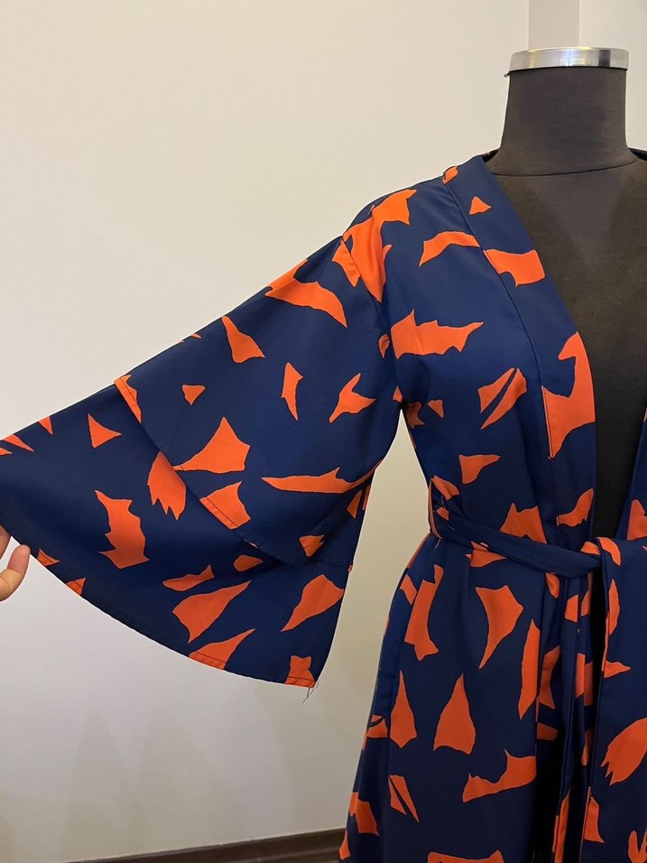 Uzun Kesim Lacivert Turuncu Kadın Kimono - Görsel 2
