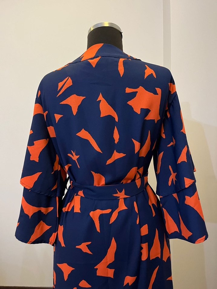 Uzun Kesim Lacivert Turuncu Kadın Kimono - Görsel 5