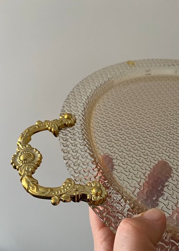 Altın Desenli Kulplu Tepsi cam - Görsel 3