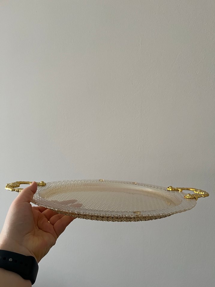 Altın Desenli Kulplu Tepsi cam - Görsel 2