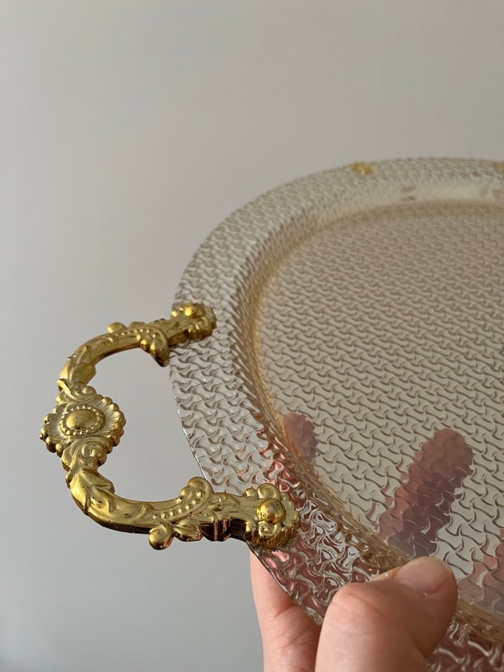 Altın Desenli Kulplu Tepsi cam - Görsel 3