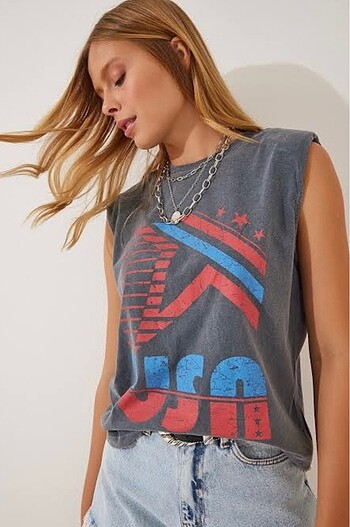 Happines Gri Vatkalı Hafif Oversize Tshirt - Görsel 2