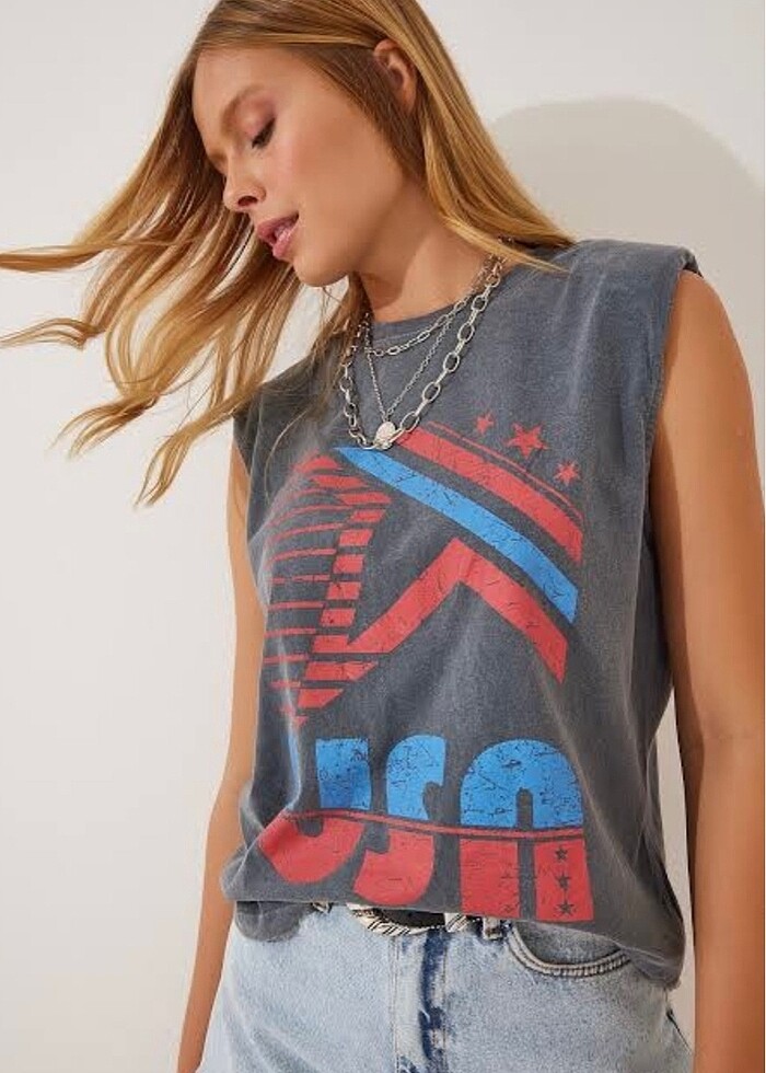 Happines Gri Vatkalı Hafif Oversize Tshirt - Görsel 2