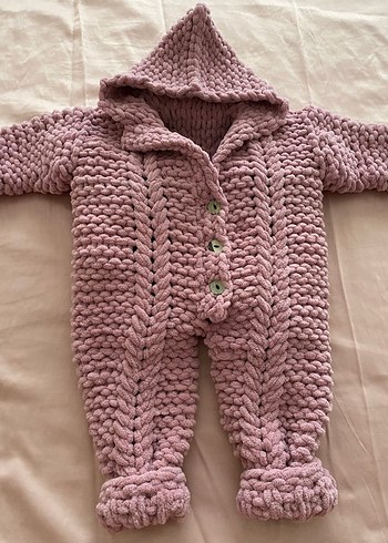 Pembe Örgü Bebek Kız Tulumu Kapüşonlu - Görsel 2