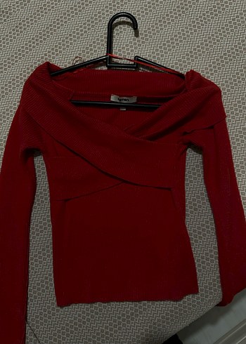 Kırmızı V Yaka Fitilli Triko Kadın Kazak - Görsel 2