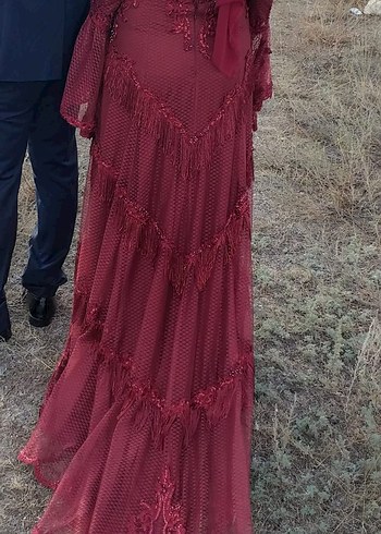 Bordo İşlemeli Uzun Abiye Elbise - Görsel 6