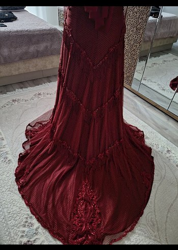 Bordo İşlemeli Uzun Abiye Elbise - Görsel 4