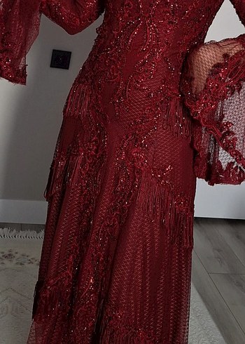 Bordo İşlemeli Uzun Abiye Elbise - Görsel 3