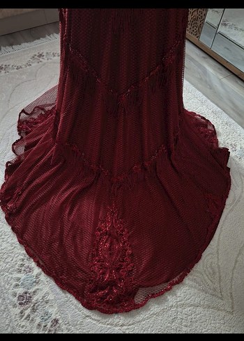 Bordo İşlemeli Uzun Abiye Elbise - Görsel 2