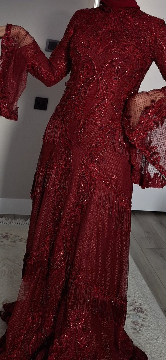 Bordo İşlemeli Uzun Abiye Elbise - Görsel 3