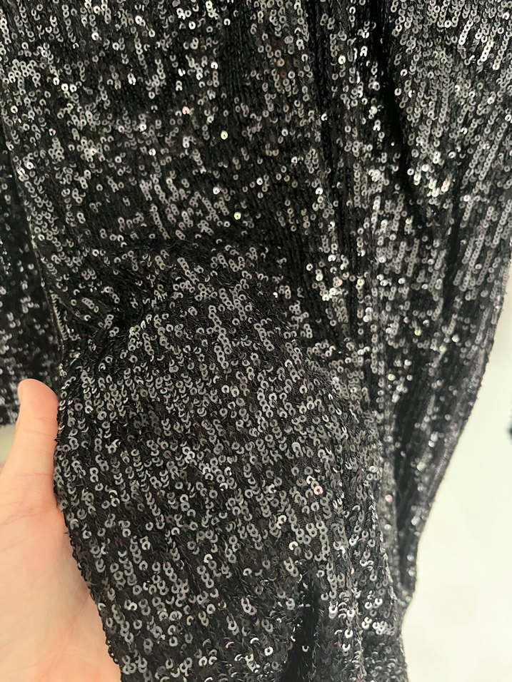 Siyah Payetli Uzun Kollu V Yaka Elbise - Görsel 3