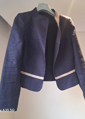 Lacivert keten Mini Kadın Blazer Ceket - Görsel 3