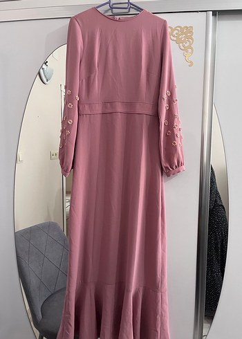 38 Beden Nakış İşlemeli Pembe Uzun Kollu Elbise